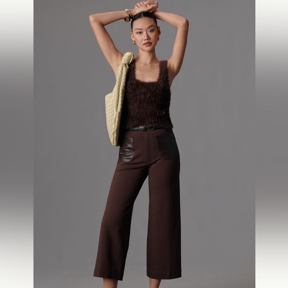 NWT ANTHROPOLOGIE Colette Cropped Wide-Leg Merrick White Faux-Leather Po…